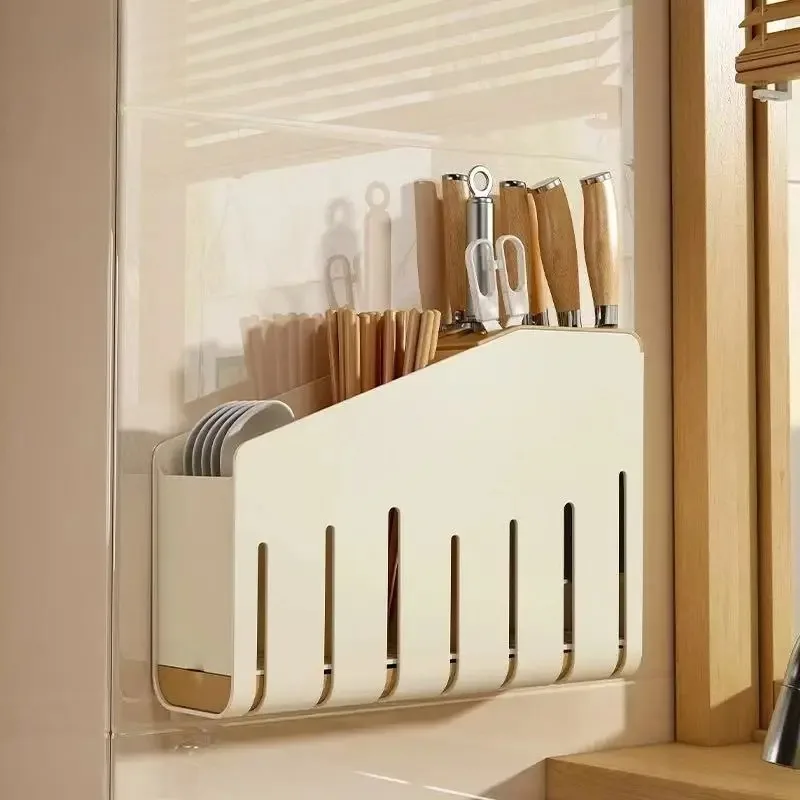 Multifunctional Wall-mounted Countertop Dual-use Cutlery Chopsticks Knife and Fork Storage Tube Draining Kitchen Shelf