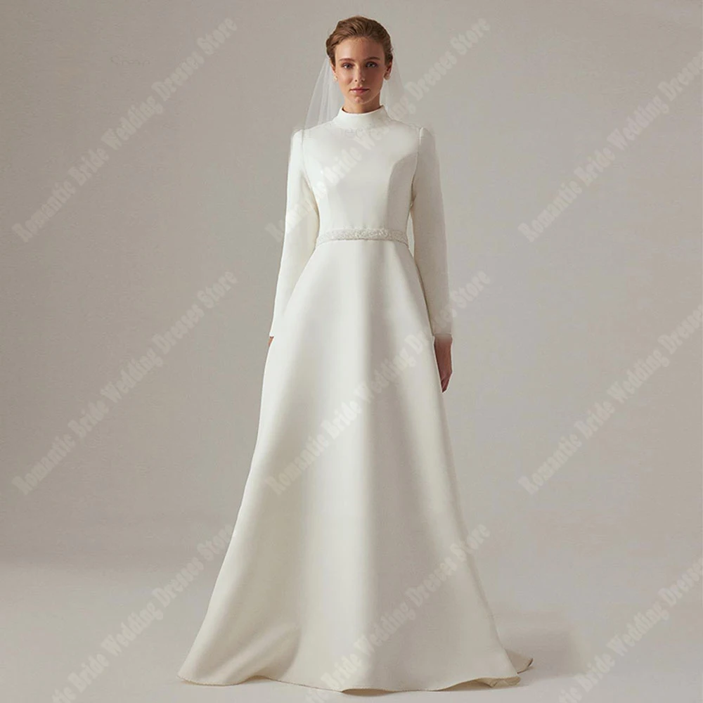 Boho Satin Fabric Women Wedding Dresses Pretty Long Sleeves Gowns Minimalist Style Mopping Length A-Line Party Robes Customized 3