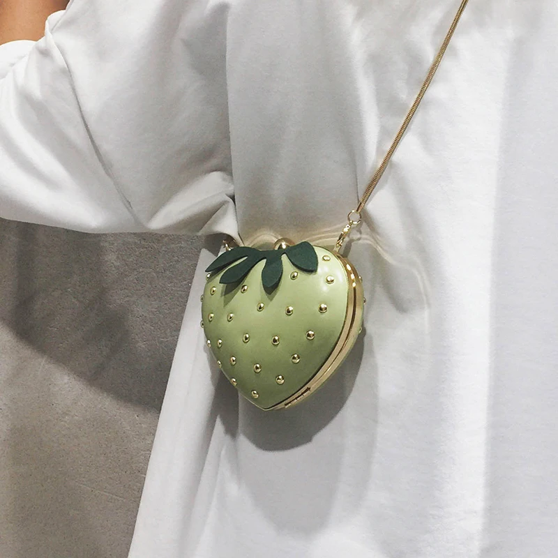 Cute Fruit Strawberry Heart Shape Pu Rivet Mini Fashion Ladies Chain Purse Clutch Bag Shoulder Bag Tote Female Flap Handbag
