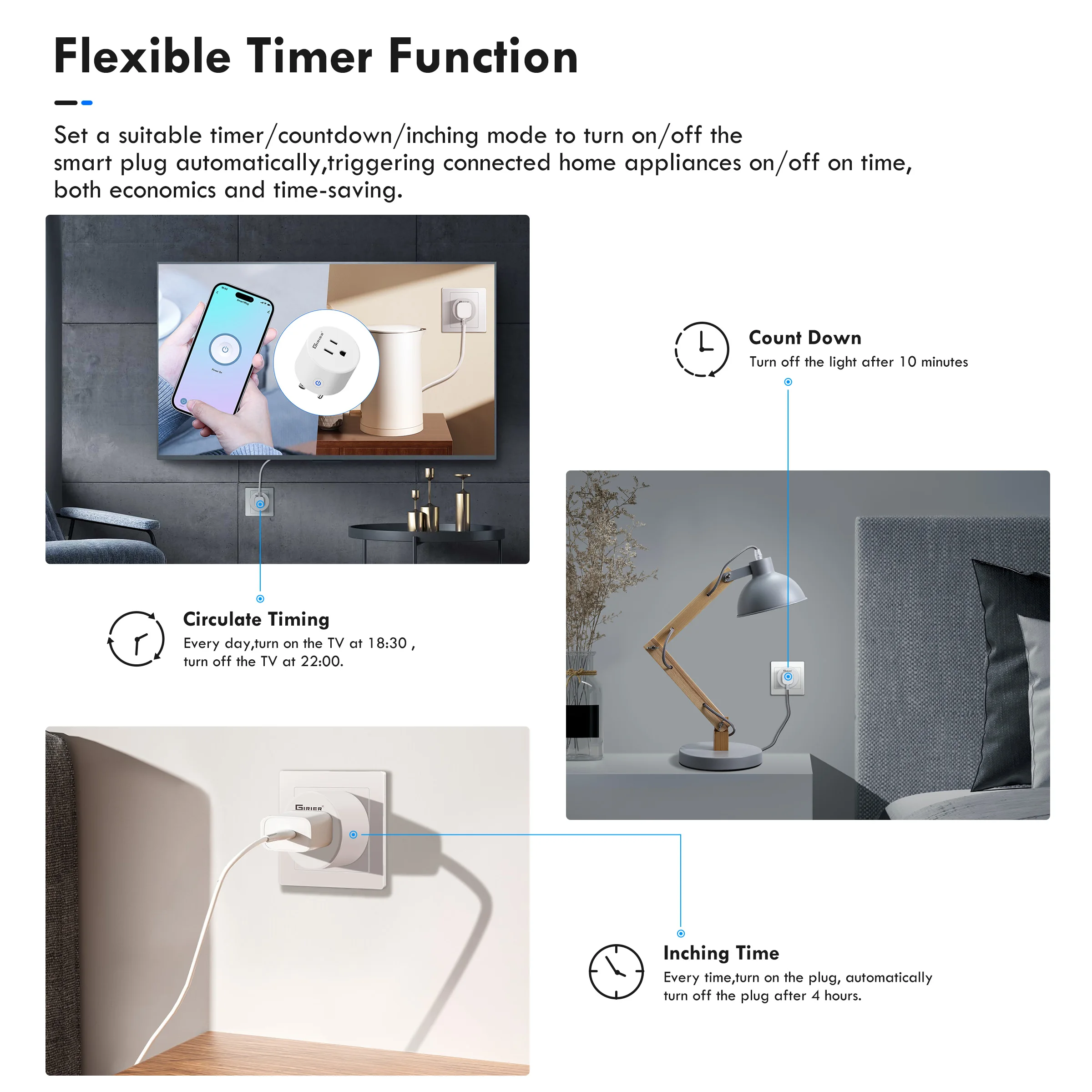 GIRIER Alexa Smart Plug US, WiFi Smart Home Socket Outlet 10A with App Voice Timer Control, Works with Hey Google Life App