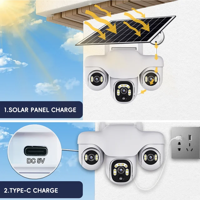 V380Pro Triple Lens 4G Camera Solar PIR Human Detection Night Vision Waterproof Security Video IP Cam 15MP Battery CCTV Monitor 4