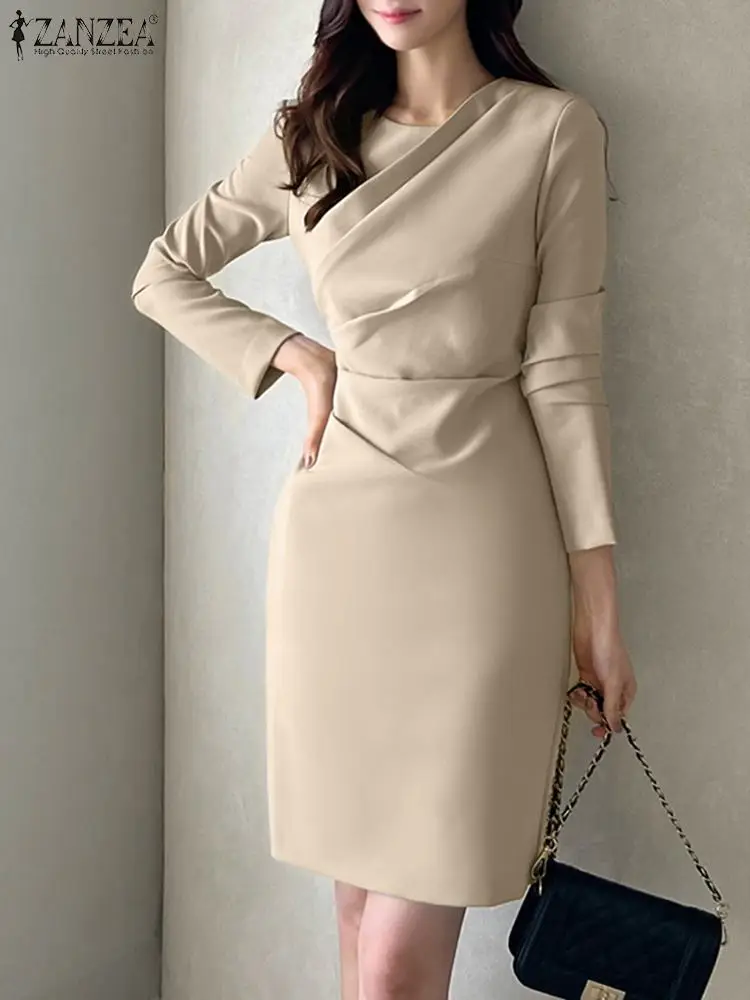 

Autumn Women Party Dresses Elegant Slim Solid Vestidos 2023 ZANZEA Fashion O Neck OL Work Dress Long Sleeve Sundress Robe Femme
