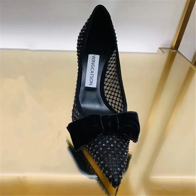 High Heel Women's 2024 New Mesh Rhinestone Bow Pointed Thin Heel Sexy Shallow Mouth Shoes Mesh Red Women's Wedding Shoes