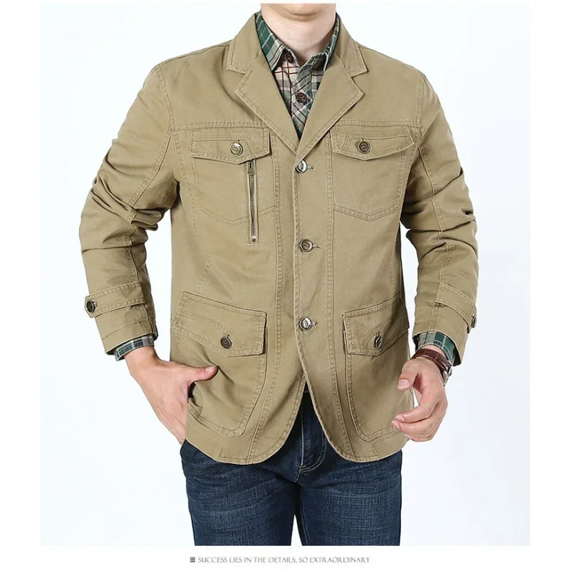 

2022 Spring Fall Men Military Blazer Jacket Autumn Casual Cotton Washed Solid Coats Army Bomber Suit Jackets Denim Cargo Trench