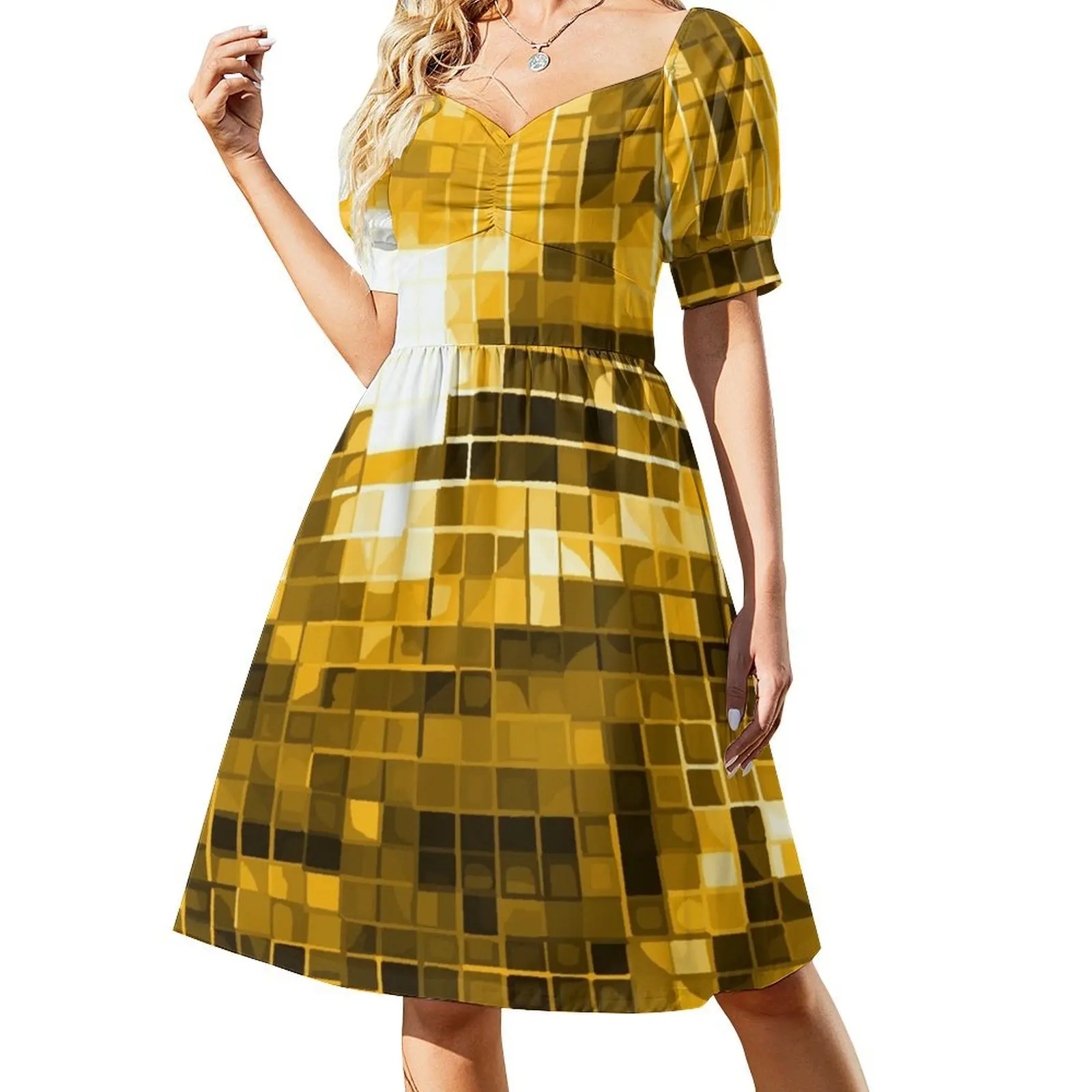 Vestido de manga corta con estampado de bola de discoteca en amarillo dorado, vestido de verano, vestido de verano, ropa de verano para mujeres coreanas
