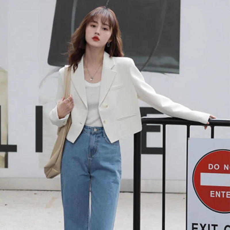 Fashion Design Cropped Suit Jacket Women 2025 Autumn Long Sleeve Korean Blazers Woman Solid Color Single-Breasted Office Coat