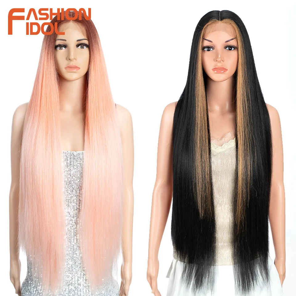 

FASHION IDOL Lace Front Wig Synthetic 36 Inches Long Kinky Straight Wig Ombre Pink Cosplay Wigs For Women Party Daily Fake Hair