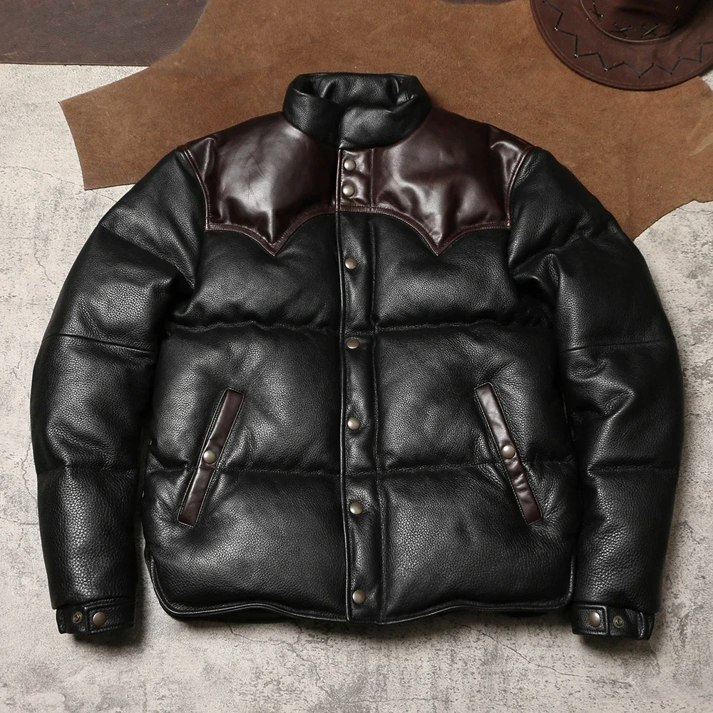 

Winter Extra Thick Leather Down Bread Jacket Men's Vintage Leather Jacket Warm Jacket with Cowhide and Duck Down