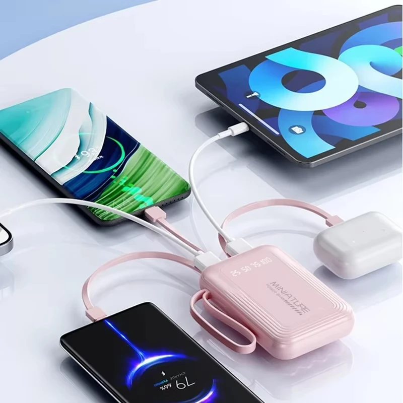 레노버 500000mAh 미니 보조배터리 초고속 충전 내장형 4케이블 디지털 디스플레이 보조배터리 아이폰 삼성 화웨이용