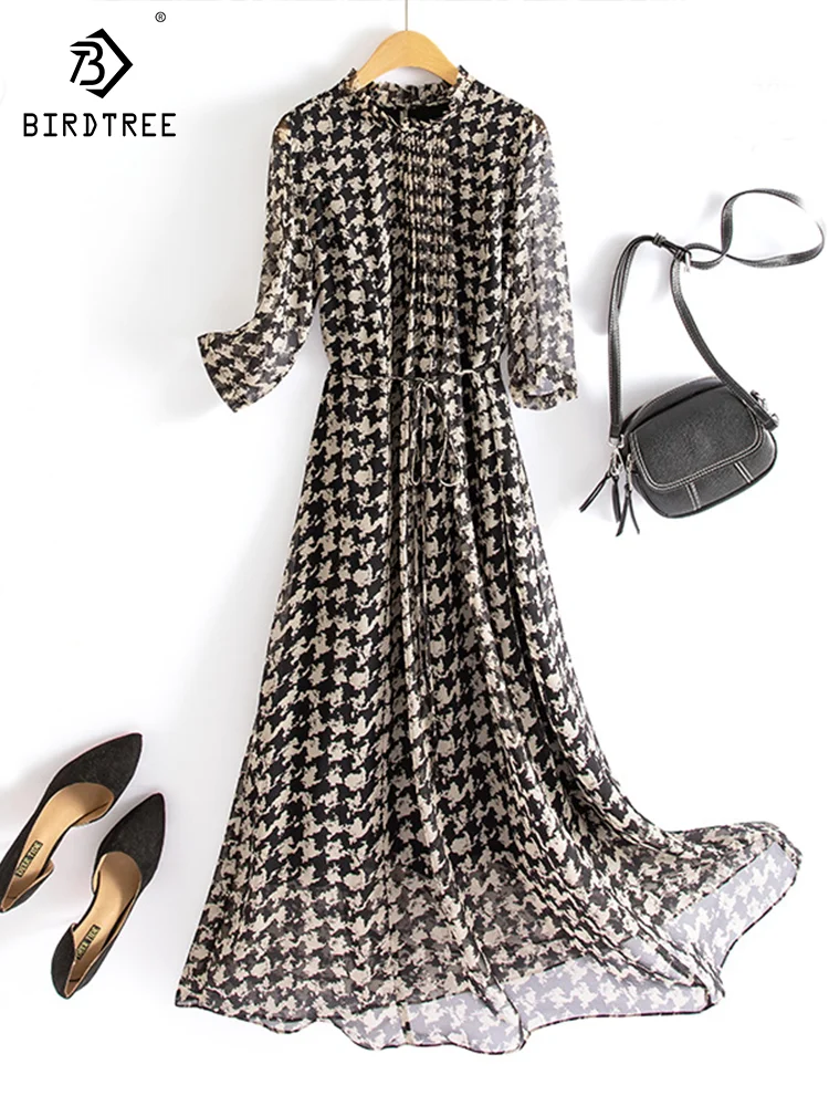 

100% Mulberry Silk 2023 Summer Elegent Dress for Women Stand Collar Half Sleeve A-line Printing Midi Dresses Fashion D31003Z