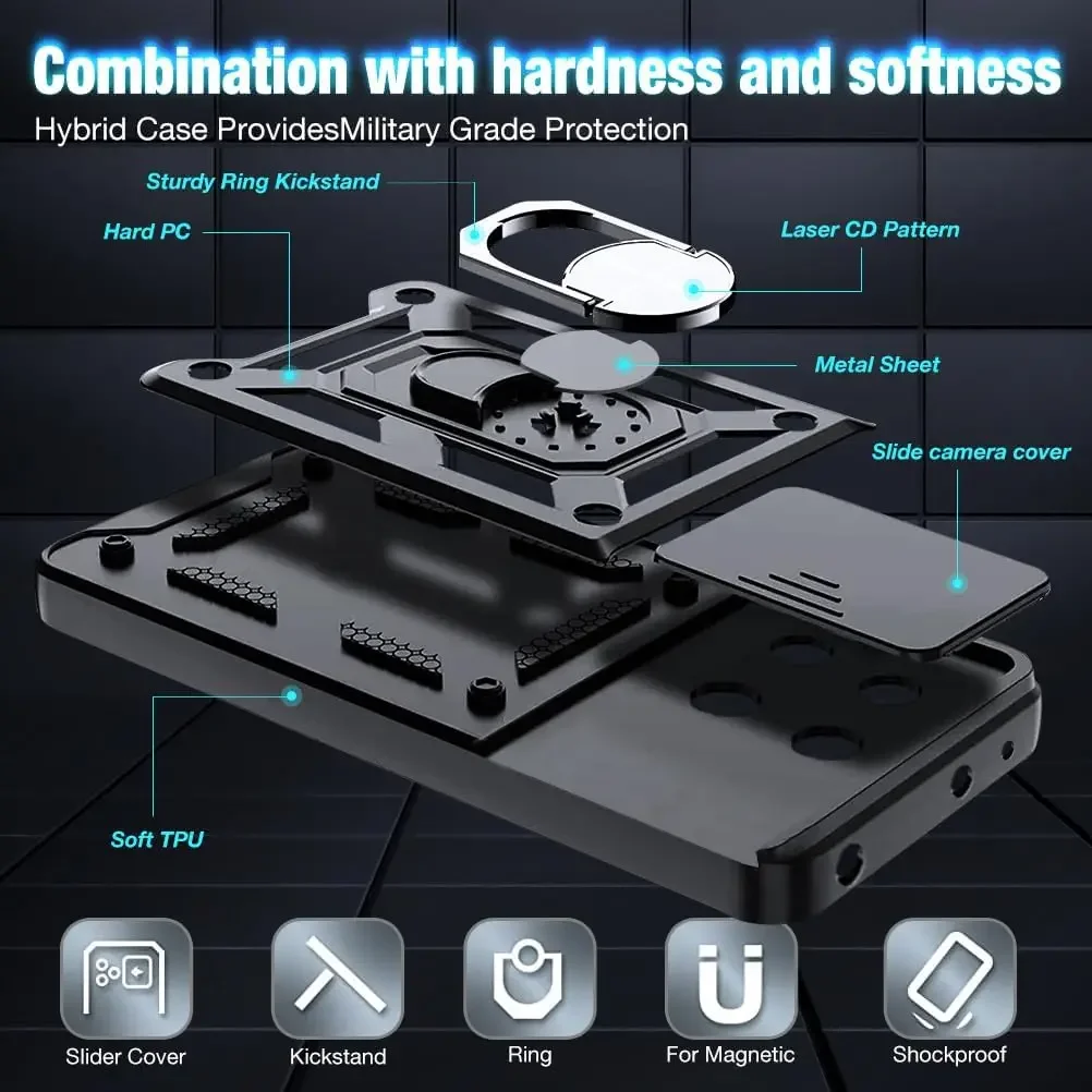 Shockproof Armor Case with Slide Camera Protection and Ring Holder