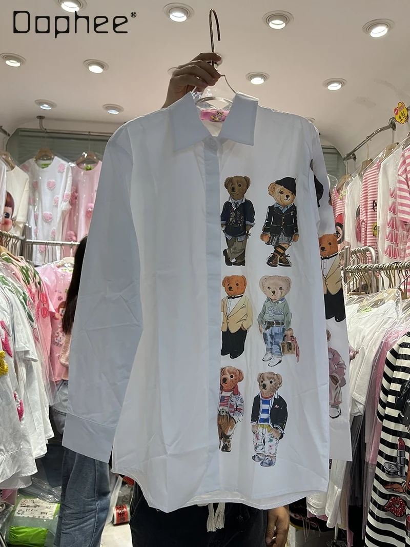 

Polo Collar Cartoon Printed Single-Breasted White Blouse Female 2024 Spring New Casual Long Sleeve Women's Fashion Shirts