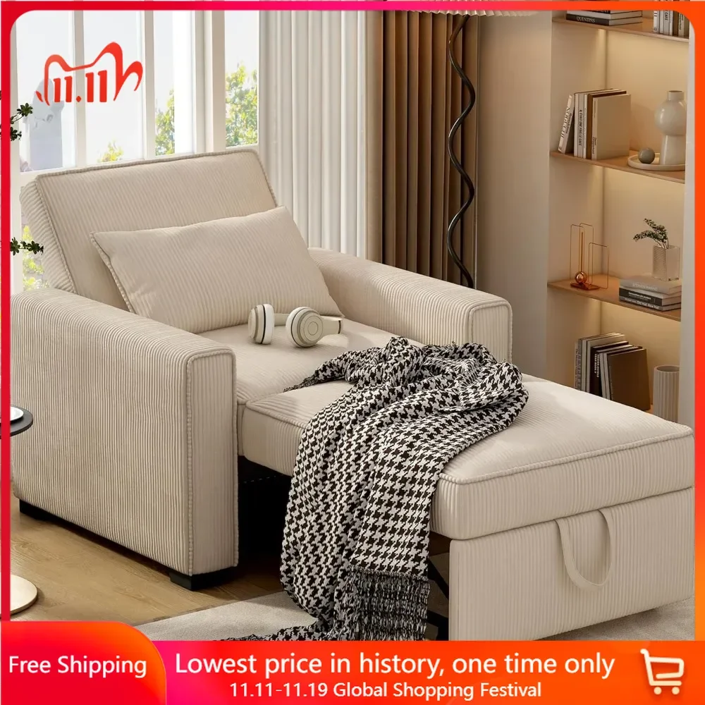 Living Room Chair with Throw Pillow, 3 in 1 Convertible Pull Out Sofa Chairs, Soft Corduroy Fabric Sofa Sleeper, Sleeper Chair