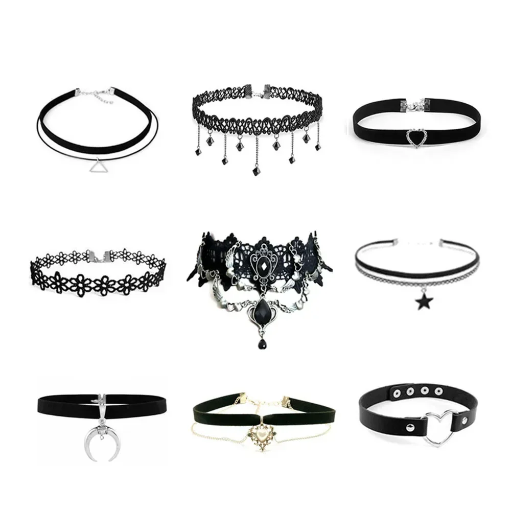 Collana girocollo vintage in pizzo di velluto fatto a mano per collare da donna coppie collo gioielli fascino elasticizzato collana a catena punk gotico  36