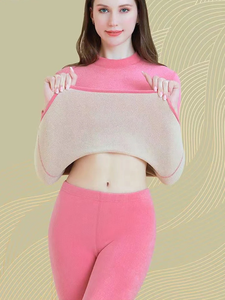 Women Thermal Underwear Set Lingerie Tights 2024 New Winter Turtleneck Cashmere Thick Long Johns Plus Velvet Top and Pants