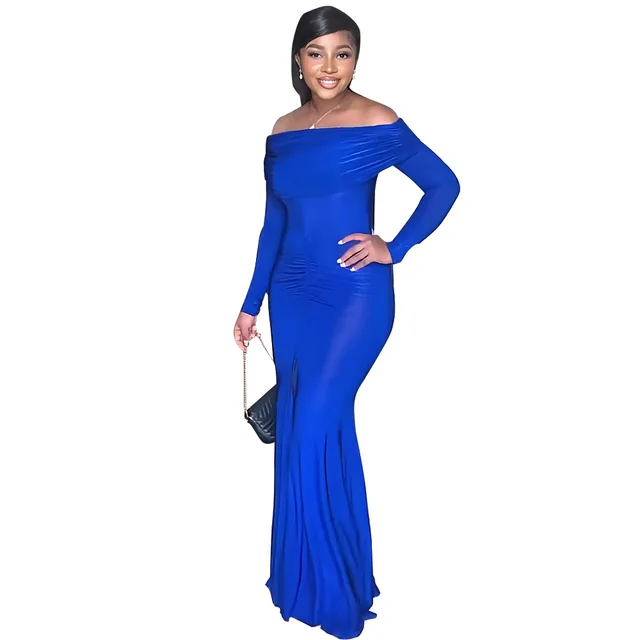 Lemon Gina Women Off Shoulder Long Sleeve Ruched Mermaid Maxi Long Dress  Summer Sexy Party Even Midi Pencil Vestidos Dresses - Dresses - AliExpress