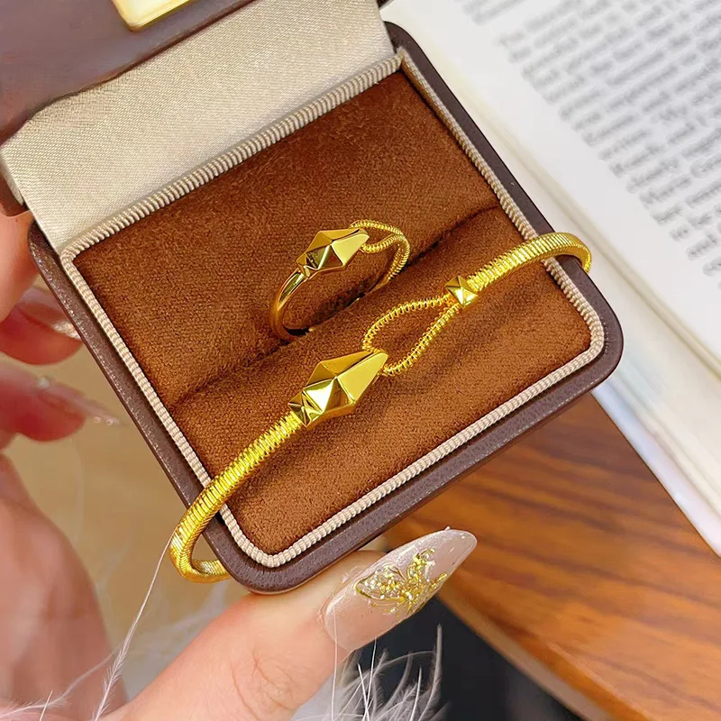 Women's 24k gold bracelet geometric snake bone chain AU999 ring with open bracelet gift for girlfriend