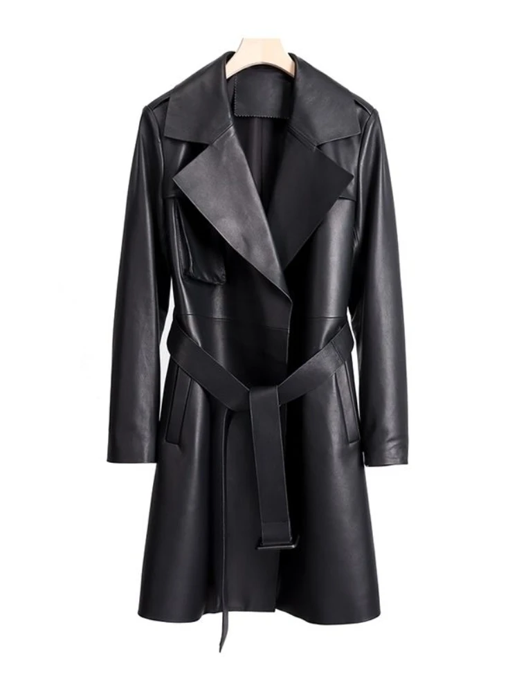 Autumn 2022 New Fashion Lace Up Waist Collection Leather Dress Mid Length Washed Sheepskin Windbreaker Coat