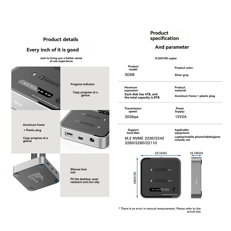 M2 20Gbps 듀얼 베이 SSD 도킹 스테이션, 오프라인 USB C to NVME PCiE 도킹 스테이션, 오프라인 클론 SSD 도크, 영국 플러그-A09I