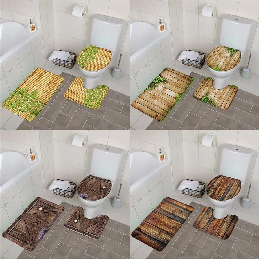 

Rustic Wooden Board 3pcs Bathroom Mat Set Farm Barn Door Bamboo Anti Slip Flannel Doormat Floor Rugs Toilet Lid Cover Carpet