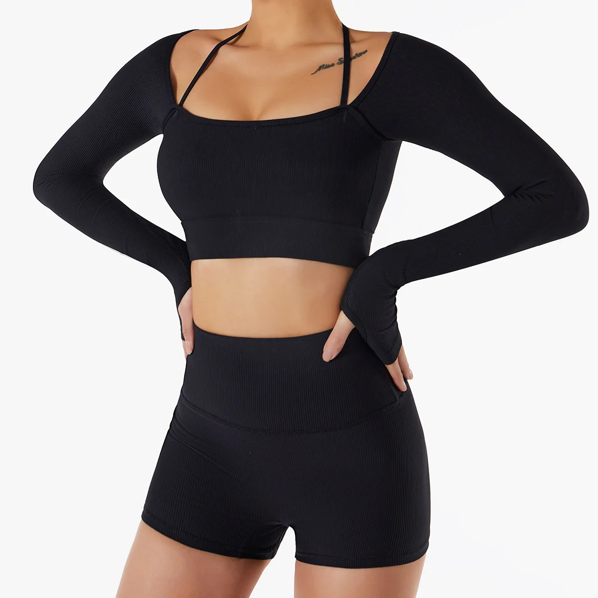 SOISOU Rib Fabric Yoga Shirts Crop Top Seamless Long Sleeve