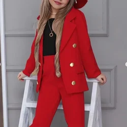 New Fashion Girls Blazer Double Breasted Lapel Suits Kids Jackets+Pants Loose Formal Teenage Casual Outfits