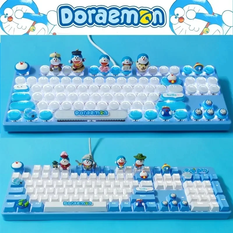 

New Anime Cartoon Doraemon Wired Mechanical Keyboard Hand-made 87/104 Keys Round And Square Keycaps White Light Game Keyboard