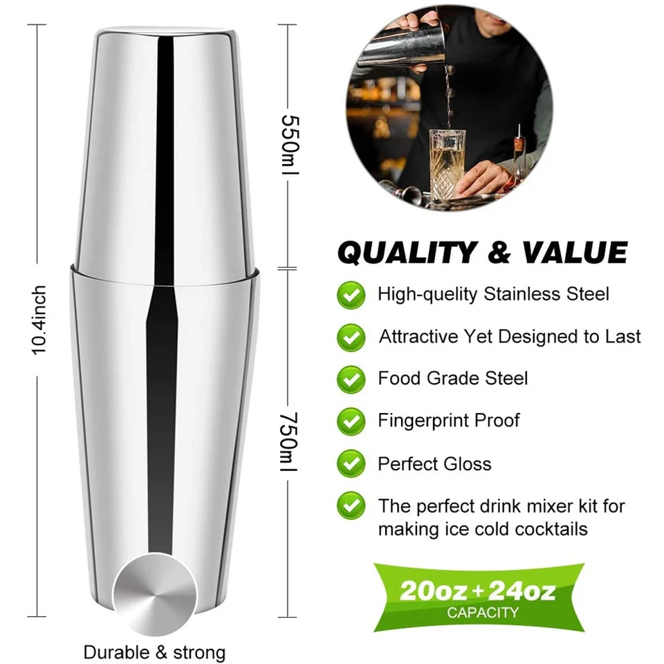 Godmorn 15 Pièces Cocktail Set Bar Kit Bar Tool Set, Shaker à Martini En Acier Inoxydable De 750ml Avec Support En Bois, Double Jigger, Cuillère à Mélanger, 2 Verseurs, Livret De Recettes