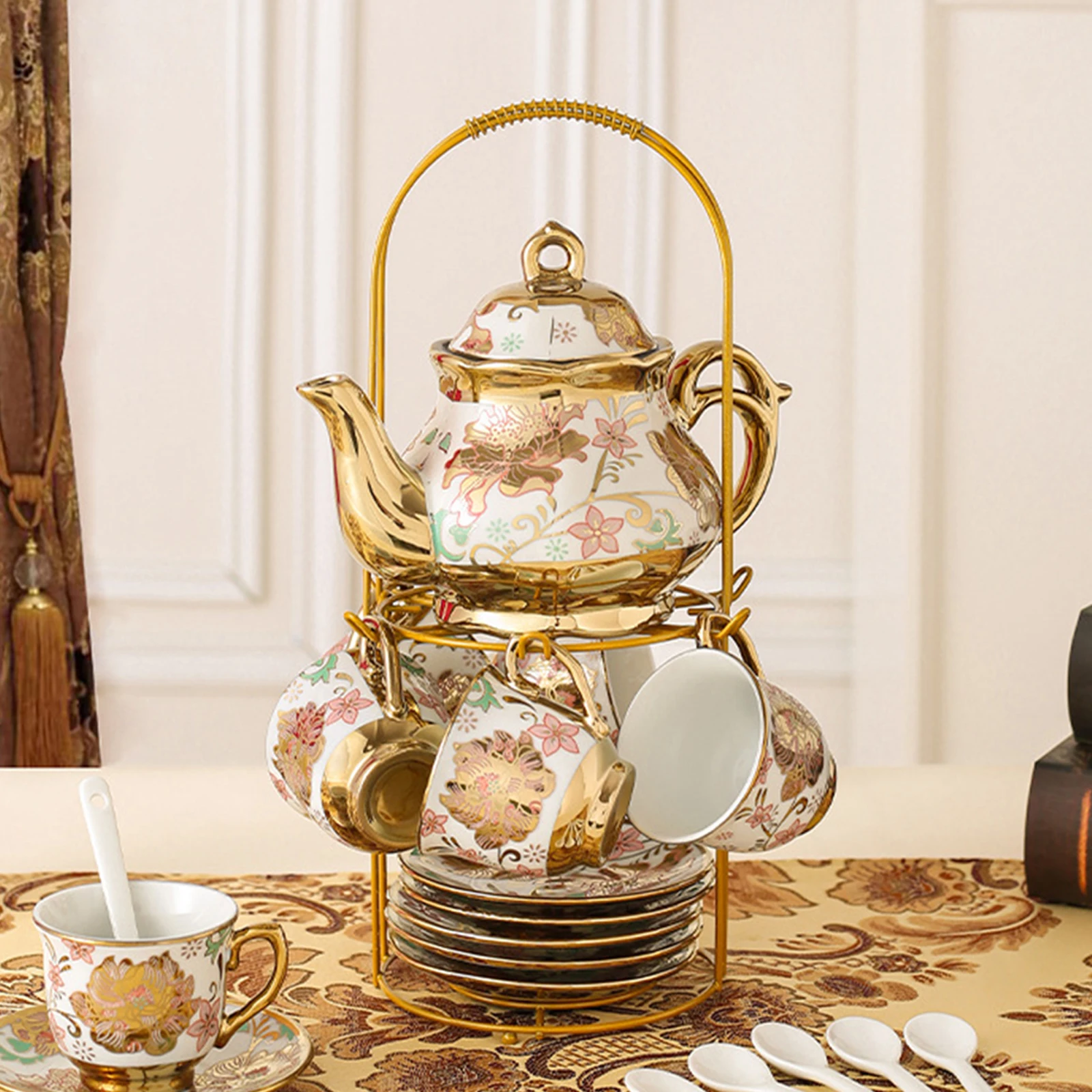 Porcelain Tea Set Coffee Cup Teacup With Saucer Spoons Teapot and Storage Rack Afternoon Tea Cup Set For Party Dining Room