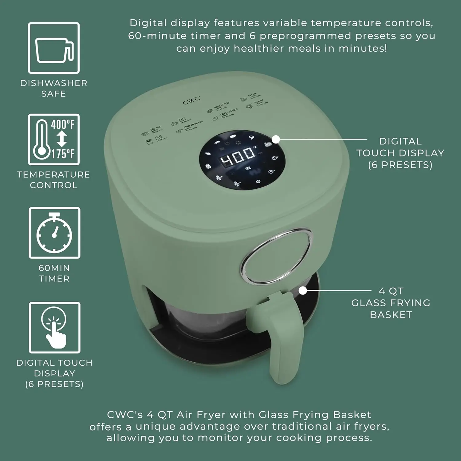 High-Power 1200W Air Fryer Glass Basket Digital Display 6 Presets Stainless Steel Sage 4Qt 175°F-400°F Timer Auto Shut-Off 3