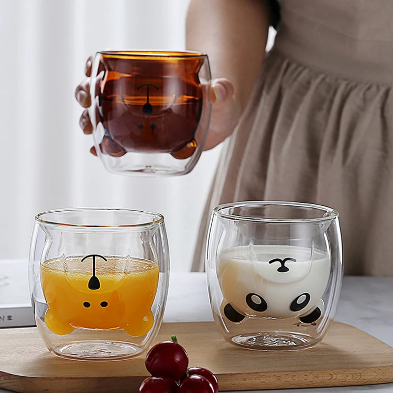Double Glass Cup Bear Cat Dog Animal Coffee Mug Transparent Cartoon Milk Juice Tea Drinking Cups Drinkware Party Wine Glasses glass drinkware