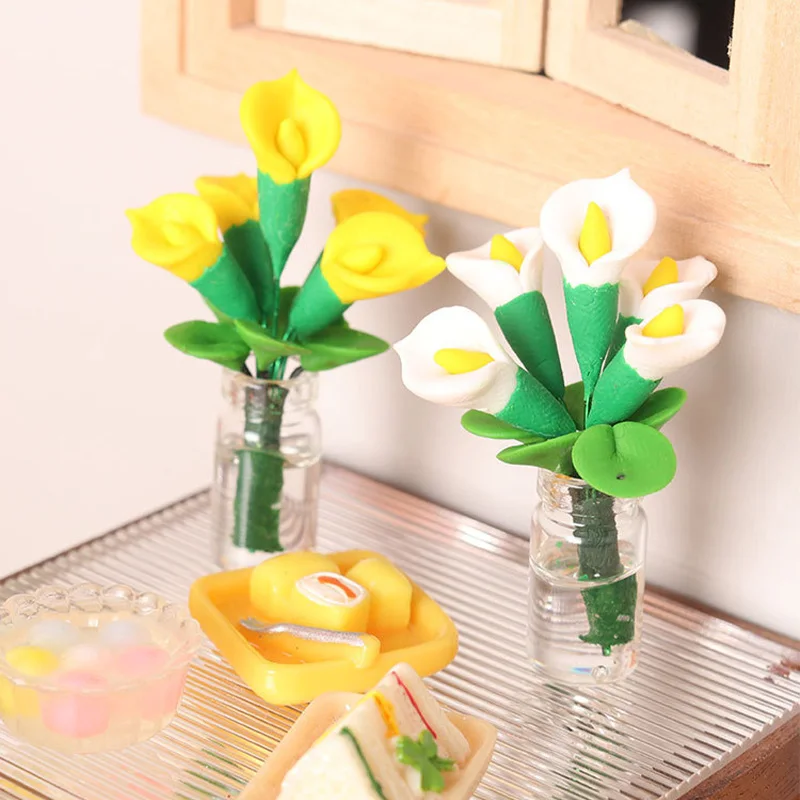 

1Pcs 1:12 Dollhouse Miniature Plant Calla Lily Potted Plant Glass Vase Flower Pot Bonsai Model Home Garden Decor Toy