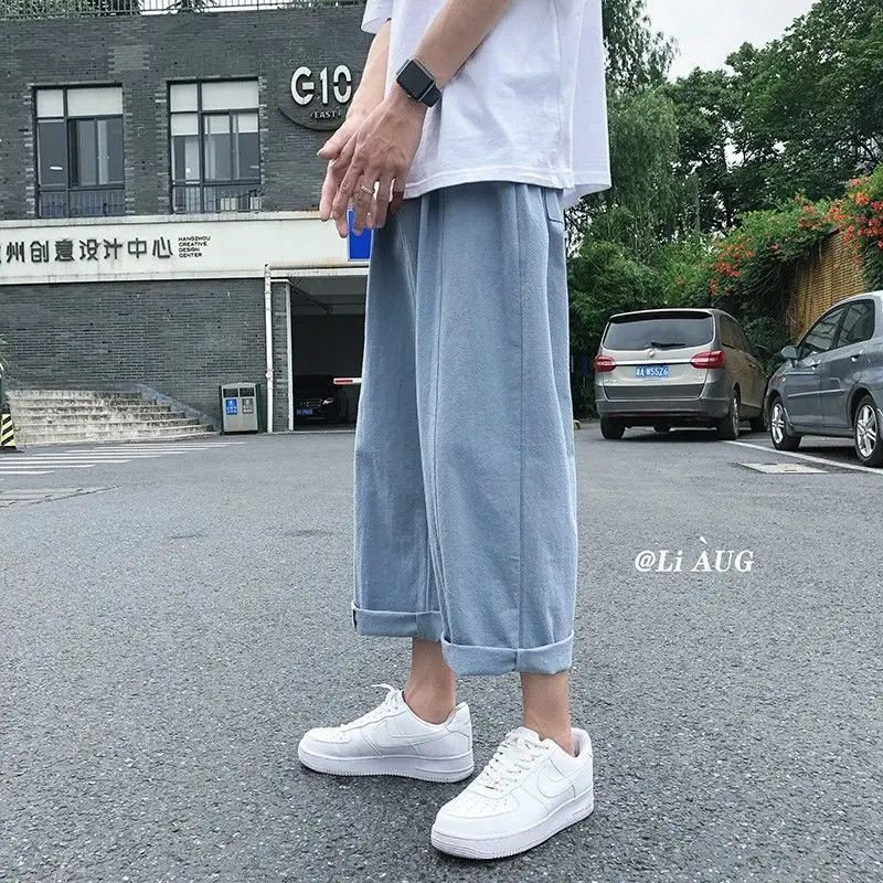 

Elegant Fashion Harajuku Slim Fit Ropa Hombre Casual All Match Cropped Pants Solid Cotton Linen Straight Leg Wide Leg Pants