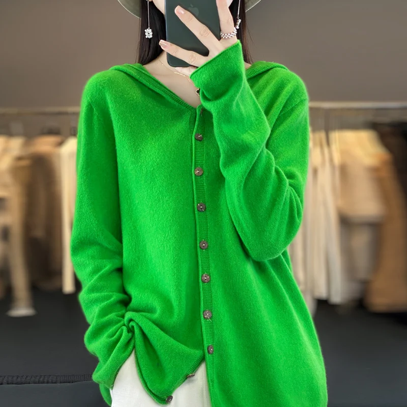 Hooded Cashmere Cardigan 100% Merino Wool Women's Hooded Sweater Cardigan Solid Color Warm Loose Knit Top 5
