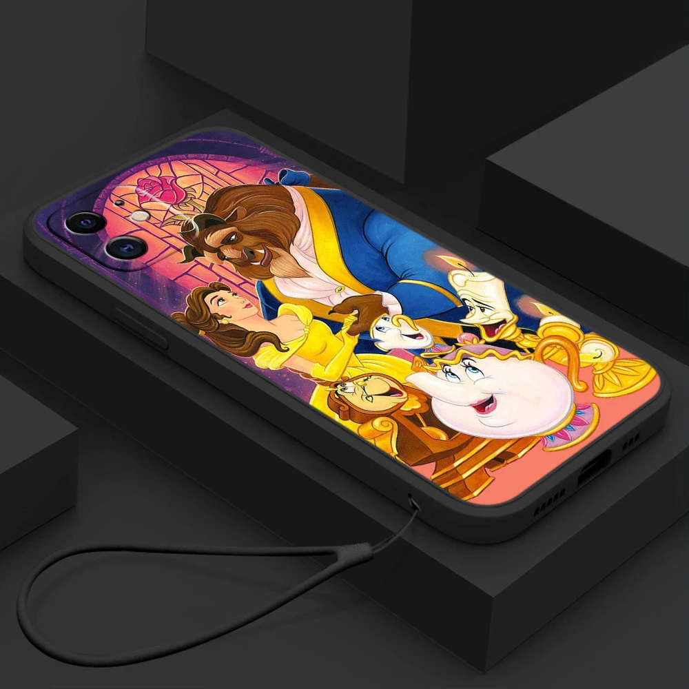 Para iPhone 16 Pro Max 11 12 13 14 15 Plus 7 8 XR con cordón Estuche para teléfono suave de borde recto SS23 Arte de La Bella y la Bestia de Disney