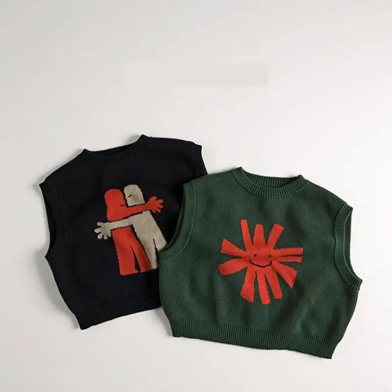 Kids Sweater Autumn Children Sleeveless Sweater Fashion Print Boys Girls Cotton Knit Vest O-neck Loose Kids Vintage Sweater