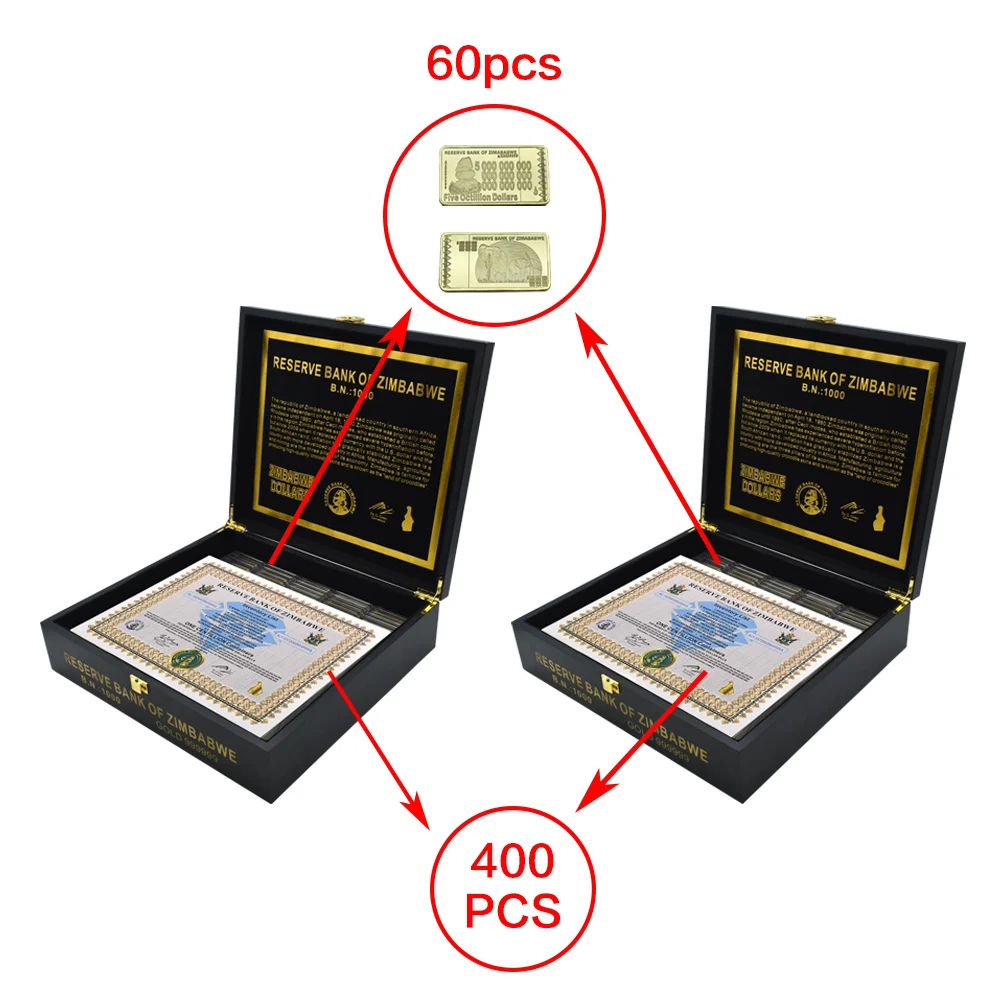 

400pcs Zimbabwe Large Paper Certificate Banknotes ONE CENTILLION Containers with UV Mark In 2 Wooden Boxes Collectible