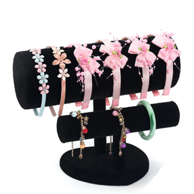 2 Tiers T-Bar Velvet Headband Holder Necklace Bracelet Jewelry Display Stand Rack Organizer Holder for Shop Shows Rack Fashion