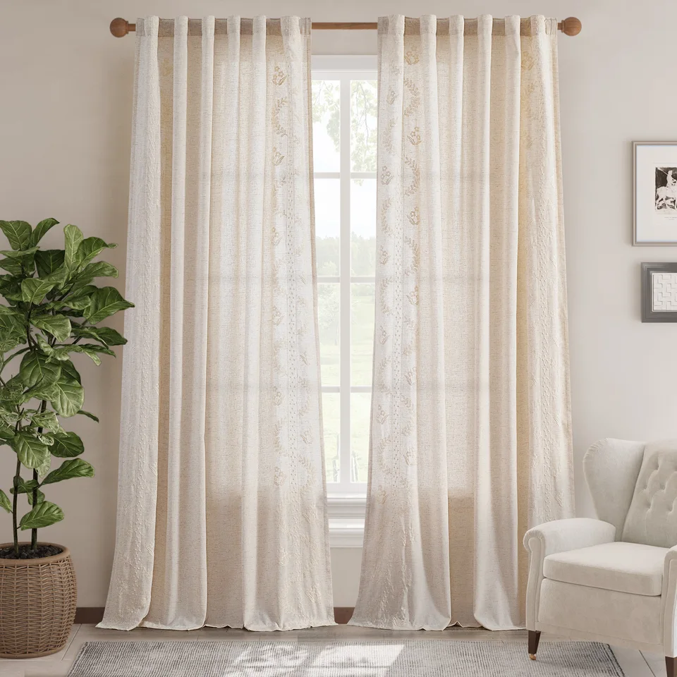 Farmhouse Flower Embroidered Linen Blend Curtains