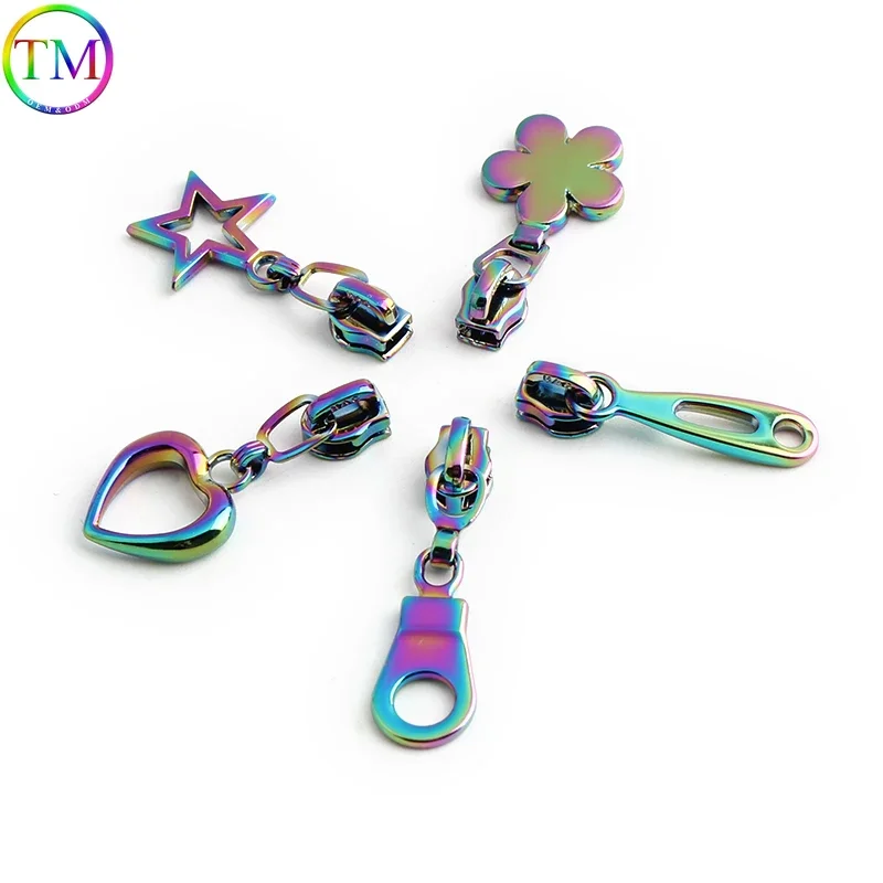 15-200PCS Rainbow Heart, Flower Shape 3# Nylon Zipper Puller Head For Bag Pocket Zips Puller Repair Kit Decorative Accessories