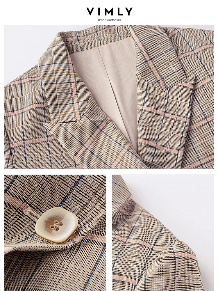 VIMLY Elegant Plaid Blazer for Women 2024 Spring Fashion Notched Double-breasted Jacket Ladies Suit Coat Female Clothes F6208