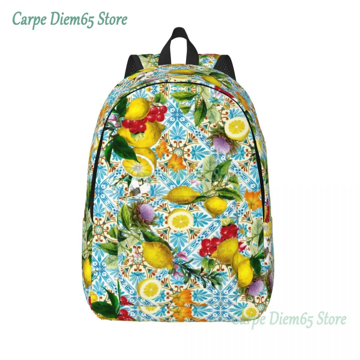 

Custom Sicilian Lemons And Romantic Tiles Canvas Backpacks Men Women Bookbag for School College Citrus Fruit Painting Bags