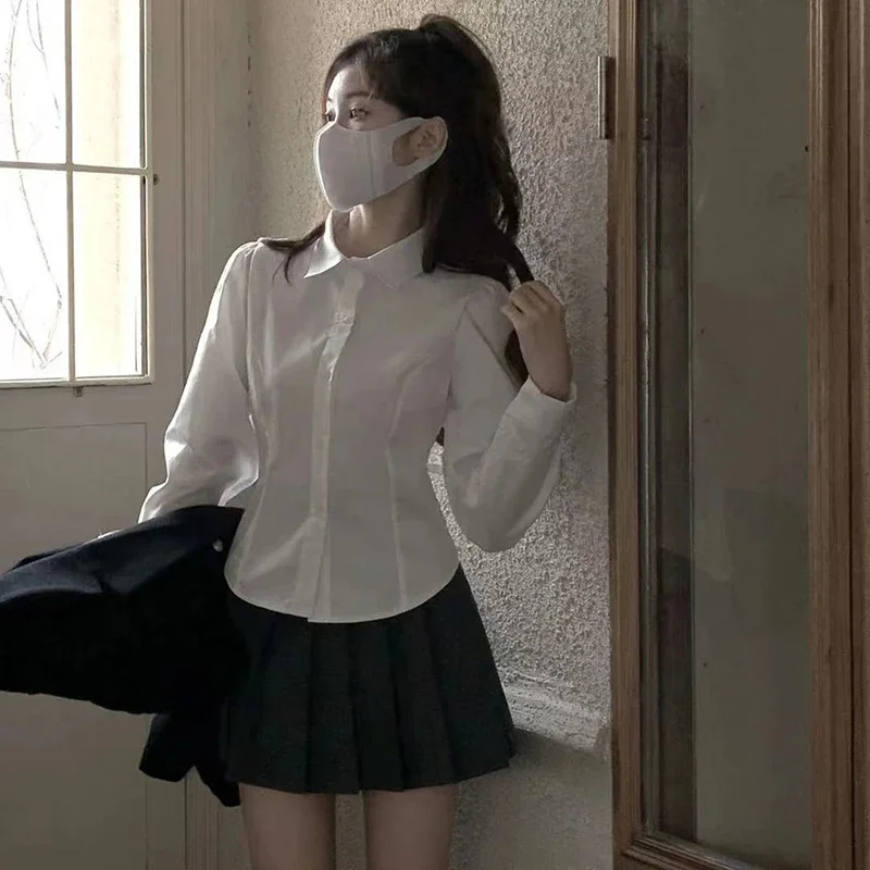 SMVP 2025, weißes Hemd für Damen, koreanischer Adrette, langärmelig, Umlegekragen, Bluse, Schulmädchen-Uniform, schmale Hemden für Studenten – Detail 6