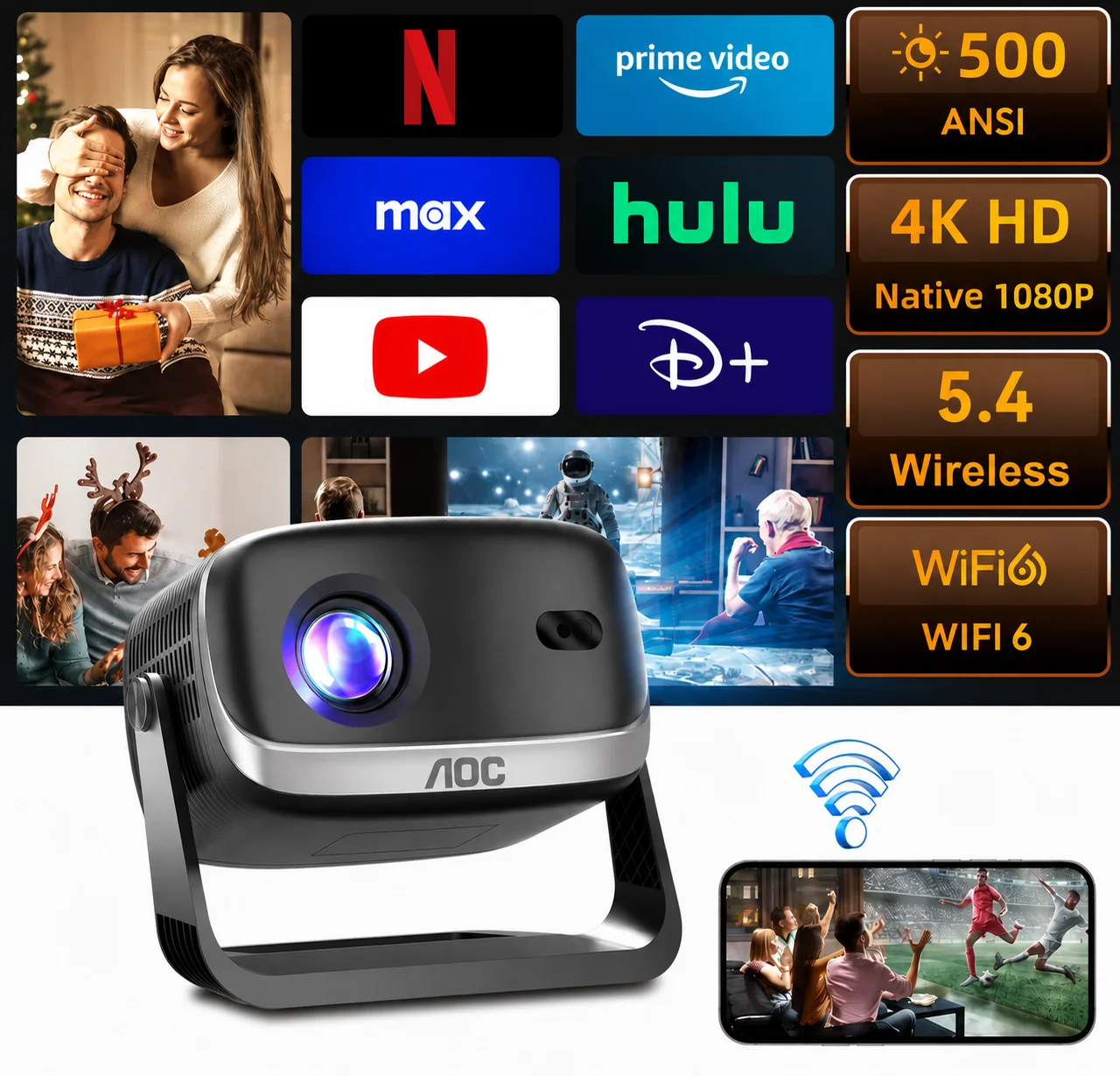 AOC RC6 스마트 프로젝터 4K 지원 네이티브 720P 안드로이드 WiFi 6 블루투스 5.4 자동 초점 홈시어터 휴대용 프로젝터