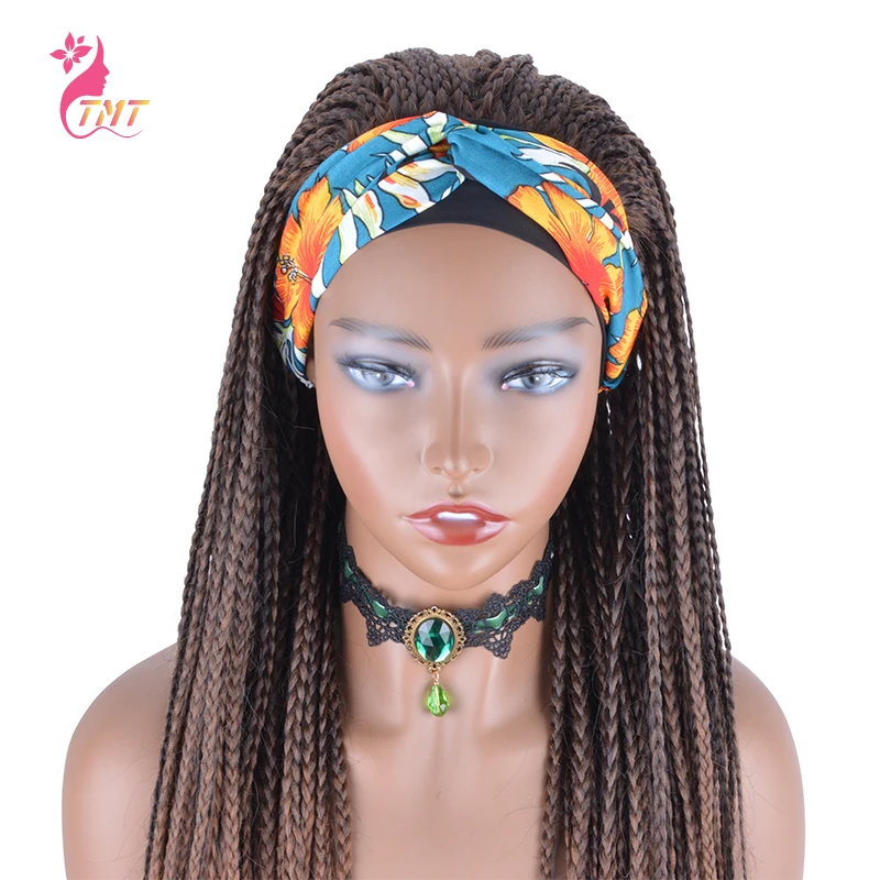 26 Inch Synthetic Headband Wigs Box Braided Wigs For Black Women Ombre Brown Blond Headband Wig Fake Scalp Heat Resistant Fiber synthetic hair wigs