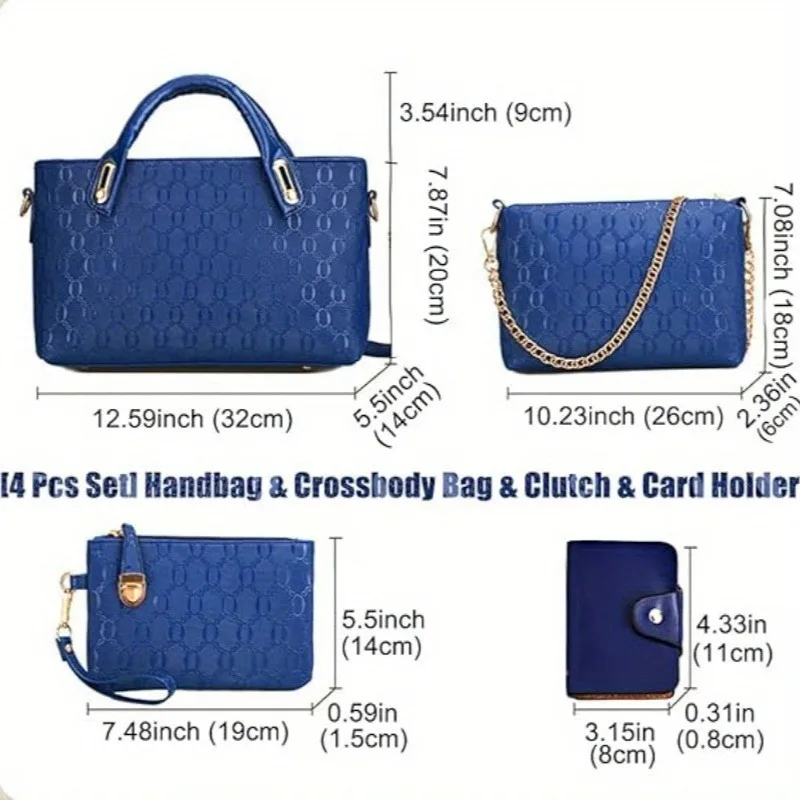 Set di 4 Borse da Donna alla Moda con Stampa in Rilievo, Borsa a Tracolla in PU, Portafoglio e Borsetta con Ciondolo a Forma di Orso, Borse per Uso Quotidiano - immagine 3