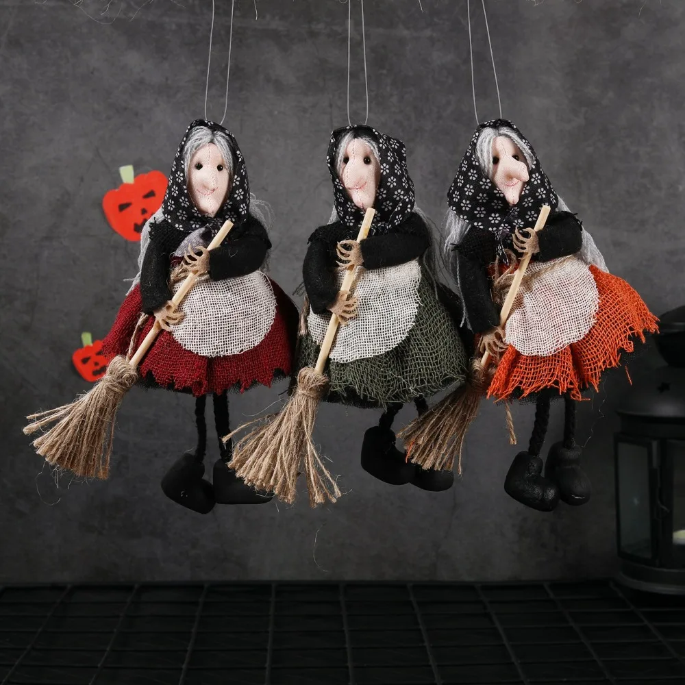 Starnearby Décoration Halloween Sorcière avec Balai, Poupée Sorcière à Suspendre 30cm, Ornement Festival Sorcière Figurine Pendentif, décoration de Sommet d' arbre de Sorcière d'halloween (C