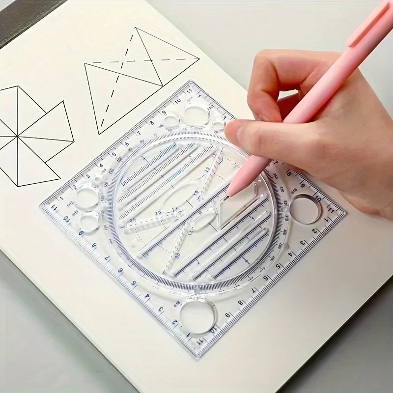 1pc/2pcs Multifunctional Rotatable Drawing Template Geometric Measuring Tool for Painting and Art Design, Office & Student Use