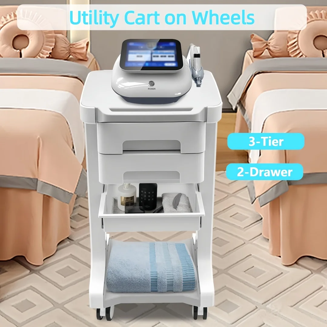 3-Tier Mobile Utility Cart Beauty Salon Rolling Cart With Wheel 2 Drawers Mobile Storage Trolley For Hospital Clinic 110lbs Load