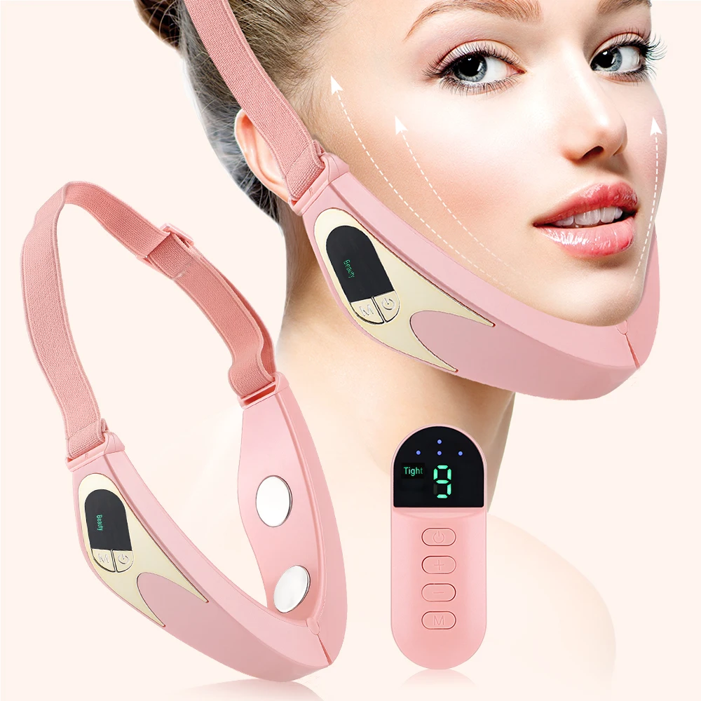 A woman wearing a pink heated facial massager with a digital control panel, depicted alongside isolated images of the device, designed for V-line tightening and lifting.